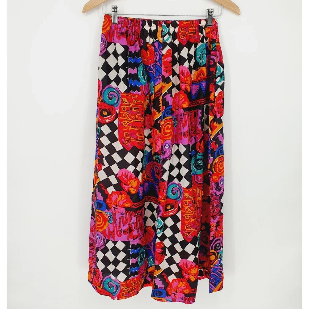VTG 90s Carole Little Sport Silk Colorful Abstract Maximalism Midi Skirt Size 6 - Picture 2 of 8